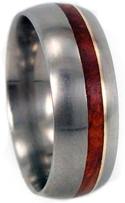 Amboyna Burl, 14k Yellow Gold 8mm Comfort Fit Titanium Ring, Size 6.25