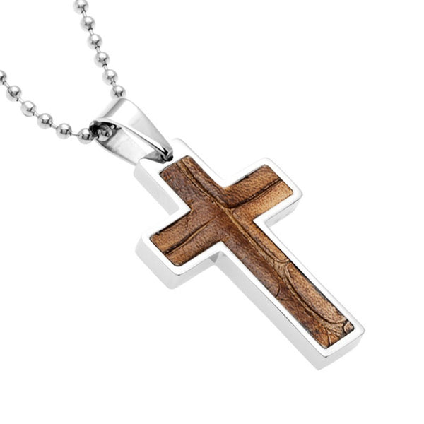 Men's Inlaid Brown Leather Cross Pendant Necklace , Stainless Steel, 23"