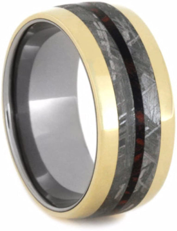 Gibeon Meteorite, Red and Black Composite Mokume, 14k Yellow Gold 9mm Comfort-Fit Titanium Wedding Band, Size 15.5