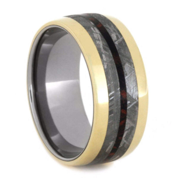 Gibeon Meteorite, Red and Black Composite Mokume, 14k Yellow Gold 9mm Comfort-Fit Titanium Wedding Band