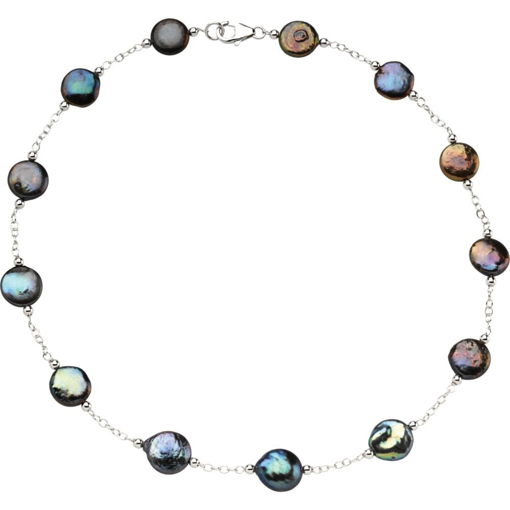 Black Freshwater Cultured Coin Pearl Station Sterling Silver Necklace, 18'' (12-13MM)