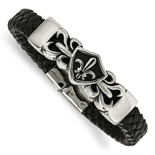 Men's Polished Stainless Steel Fleur De Lis Black Leather Antiqued Bracelet, 8.25"