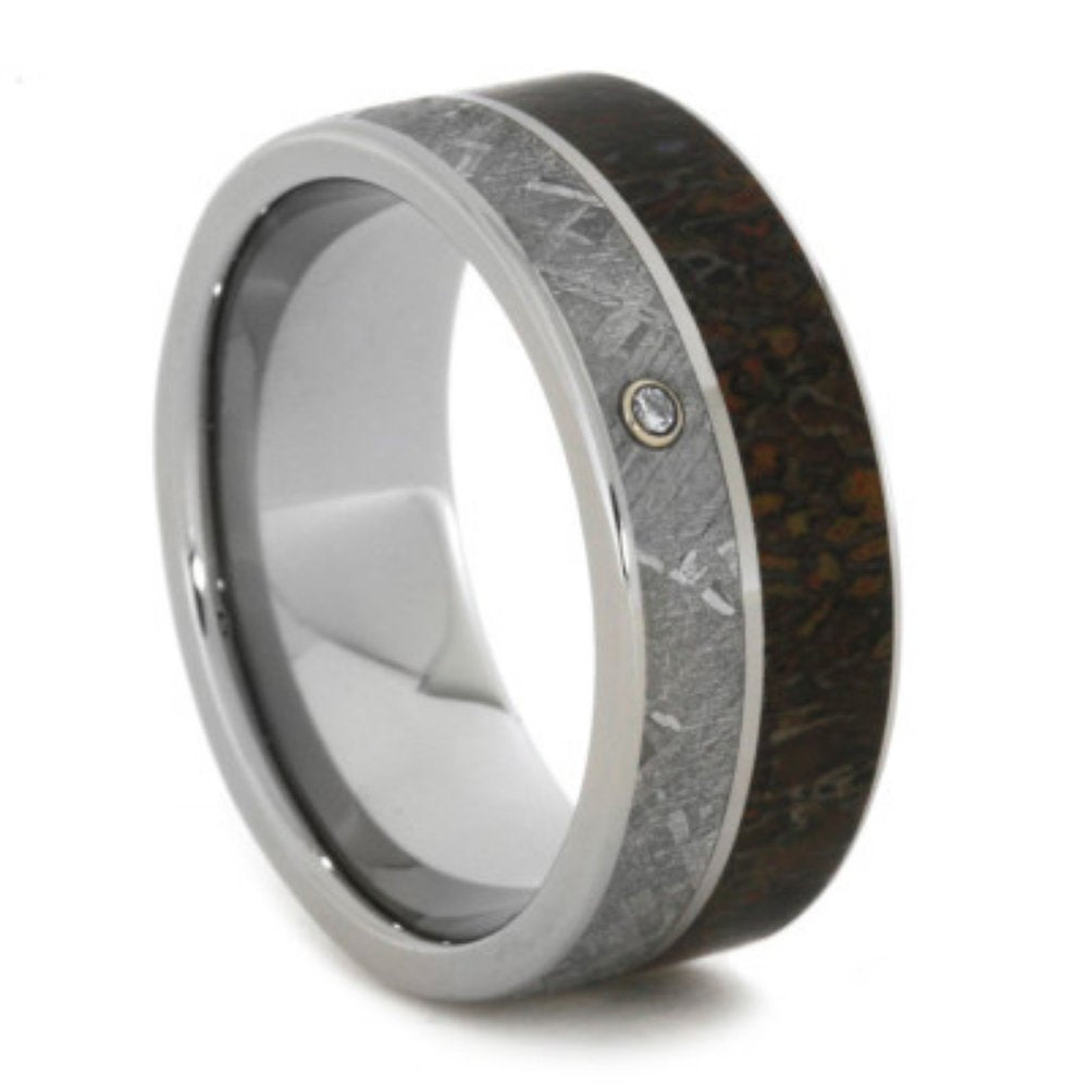 Bezel-Set Diamond, Dinosaur Bone, Gibeon Meteorite 8mm Comfort-Fit Titanium Band