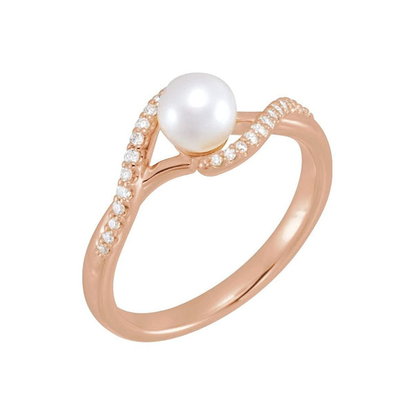 White Freshwater Cultured Pearl, Diamond Bypass Ring, 14k Rose Gold (5-5.5mm)(0.1 Ctw, G-H color, I1 Clarity)