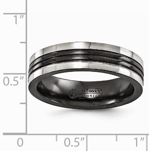 Black Ti Collection Black Titanium Grey Grooves 6mm Flat Wedding Band, Size 11