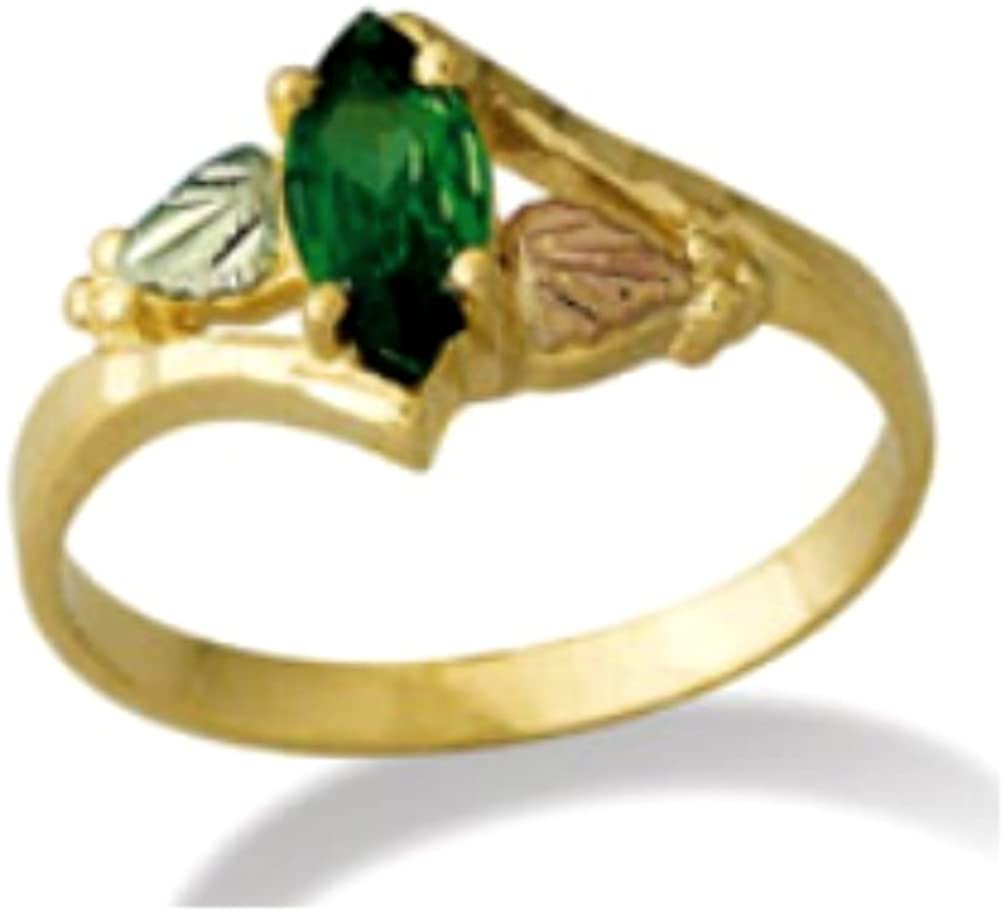 Created Emerald Marquise Bypass Ring, 10k Yellow Gold, 12k Green and Rose Gold Black Hills Gold Motif, Size 7