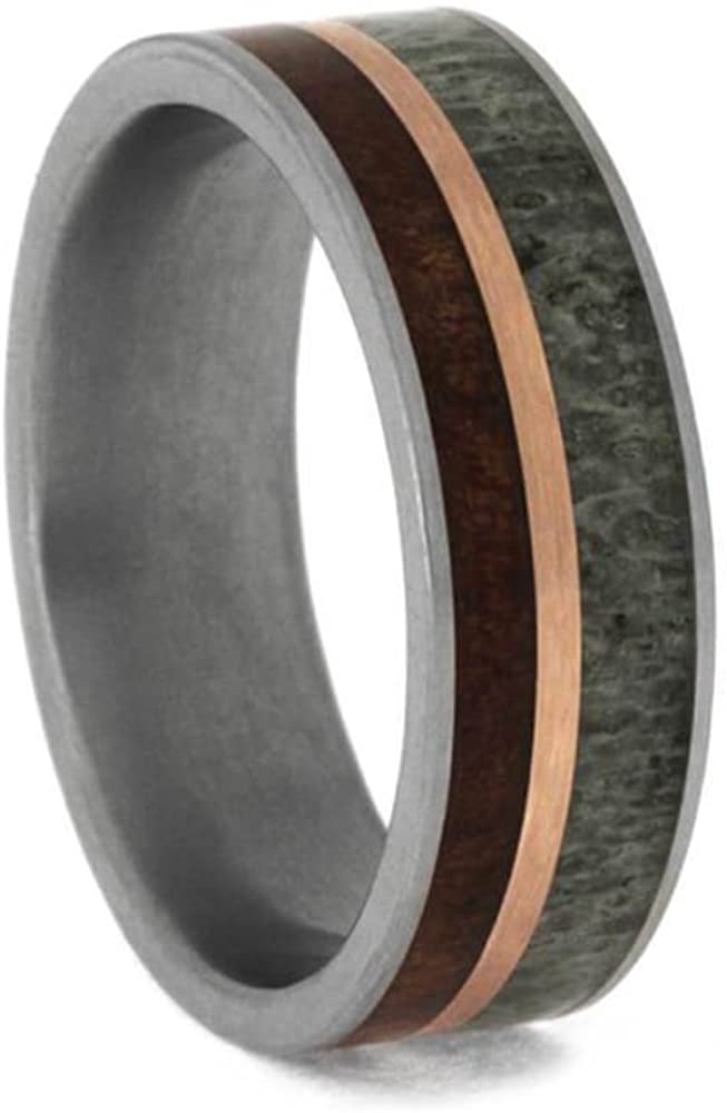 The Men's Jewelry Store (Unisex Jewelry) Deer Antler, Koa Wood, 14k Rose Gold 7mm Matte Comfort-Fit Titanium Band, Size 10.75