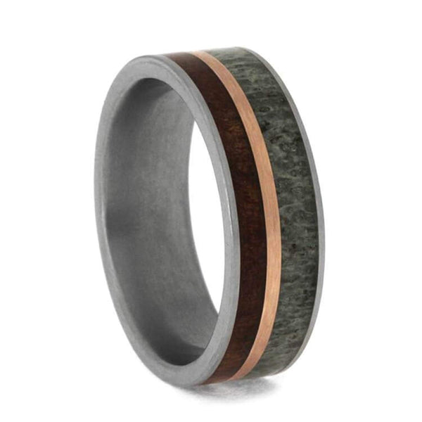 The Men's Jewelry Store (Unisex Jewelry) Deer Antler, Koa Wood, 14k Rose Gold 7mm Matte Comfort-Fit Titanium Band