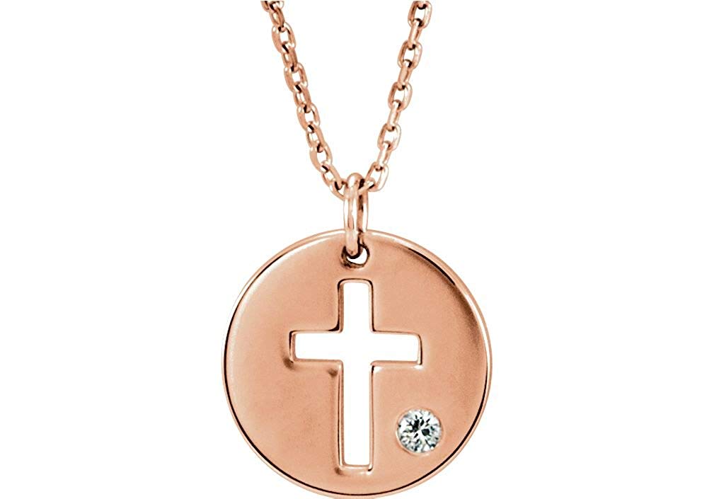 Diamond Pierced Cross Disc Pendant Necklace in 14k Rose Gold (.03 Ctw, Color G-H, Clarity I1)