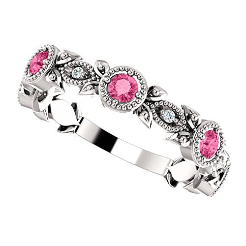 Pink Tourmaline and Diamond Vintage-Style Ring, Rhodium-Plated 14k White Gold (0.03 Ctw, G-H Color, I1 Clarity)