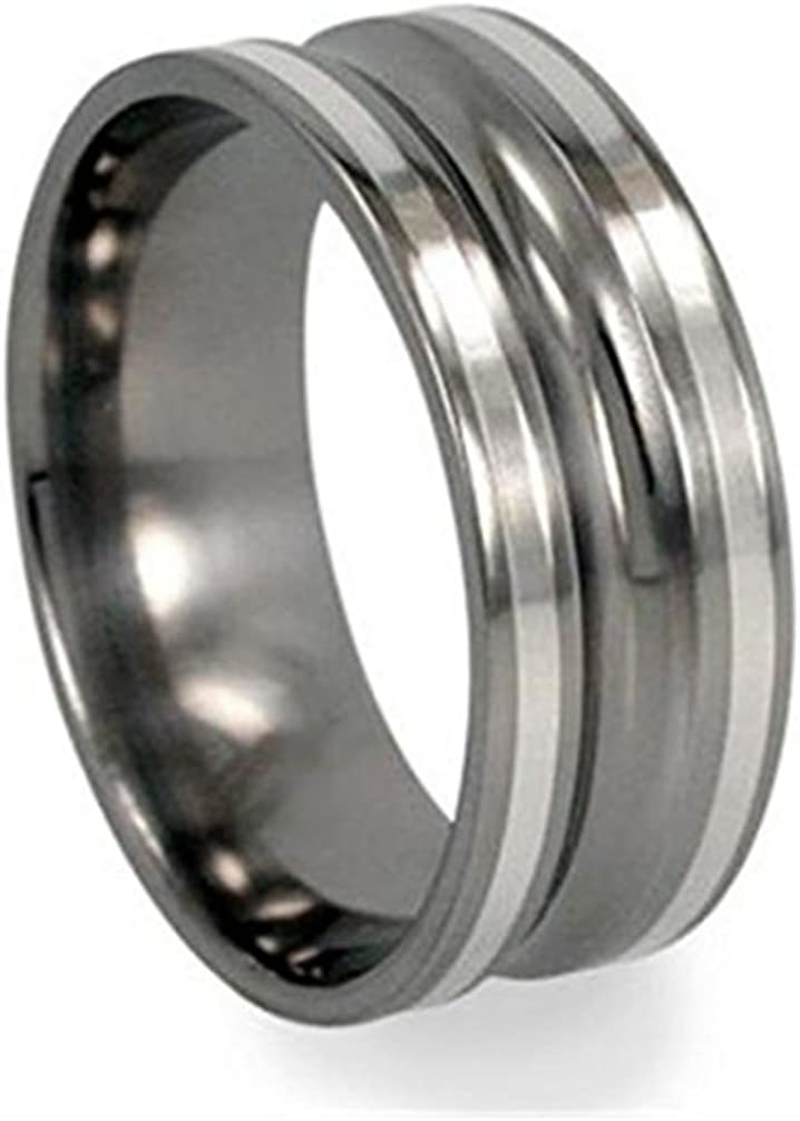 Grooved Titanium and Sterling Silver 8mm Comfort Fit Band, Size 13.25