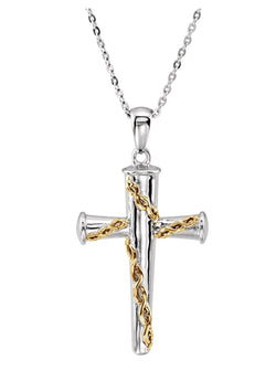 Men's 'Three Nails of Promise' Cross Rhodium-Plate Sterling Silver and 14k Yellow Gold Plate Necklace, 24"