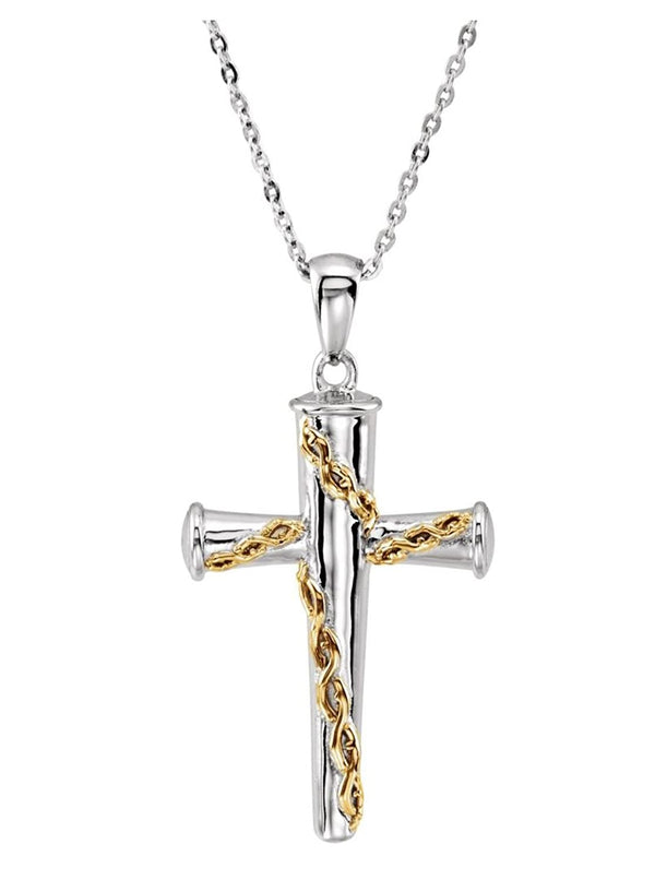 Men's 'Three Nails of Promise' Cross Rhodium-Plate Sterling Silver and 14k Yellow Gold Plate Necklace, 24"