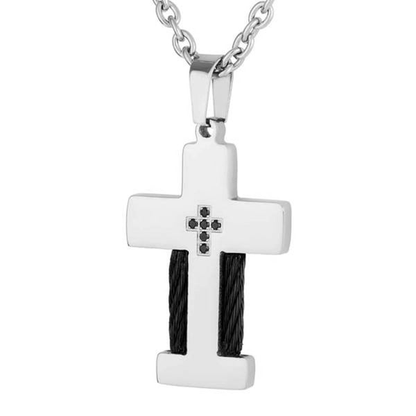 Men's Braided Wire and Black CZ Cross Pendant Necklace, Stainless Steel, 24"