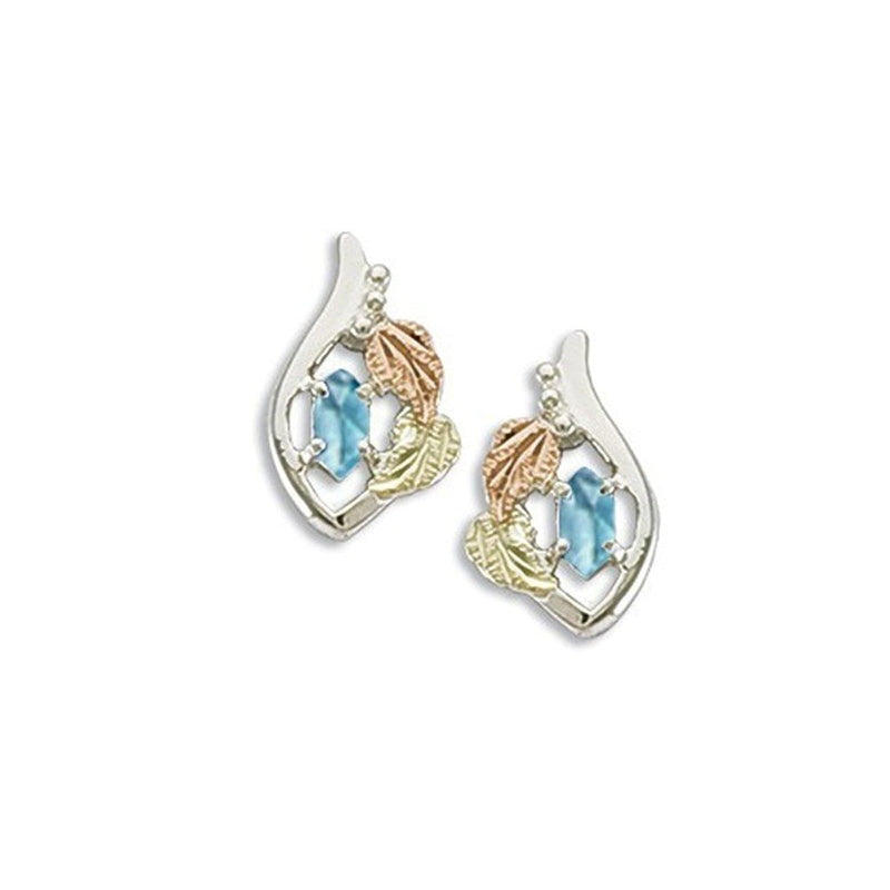 Ave 369 Created Blue Zircon Marquise December Birthstone Earrings, Sterling Silver, 12k Green and Rose Gold Black Hills Gold Motif