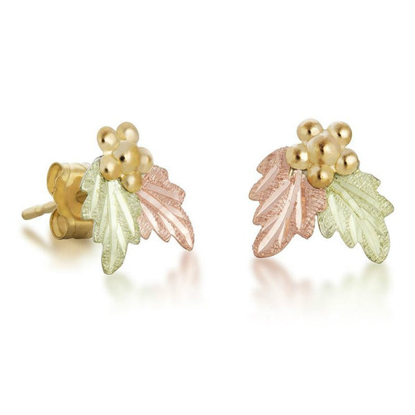 Leaves with Grapes Stud-Earrings, 10k Yellow Gold, 12k Green and Rose Gold Black Hills Gold Motif