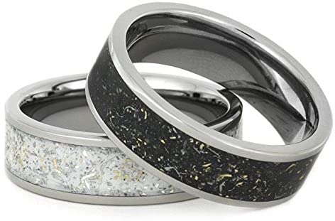 Black Meteorite Ring with 14k Yellow Gold Flecks 7mm Comfort-Fit Titanium Band, Size 10.25
