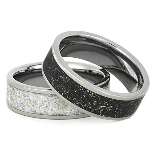 Black or White Meteorite Ring with 14k Yellow Gold Flecks 7mm Comfort-Fit Titanium Band