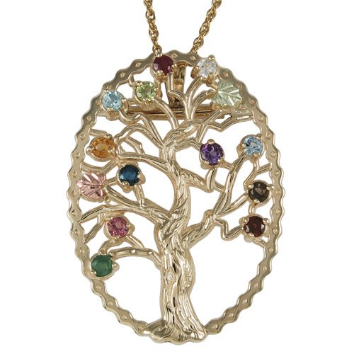 Multi Gemstone Tree Pendant Necklace, 10k Yellow Gold, 12k Green and Rose Gold Black Hills Gold Motif, 18"