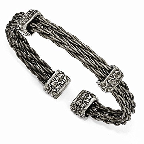 Men's Thorn Collection Gray Titanium Cable Wire with Cast Titanium Accent Cuff Bangle Bracelet, 7"