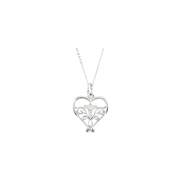 CZ Filigree 'Pure in Heart' Rhodium Plate Sterling Silver Pendant Necklace,18"