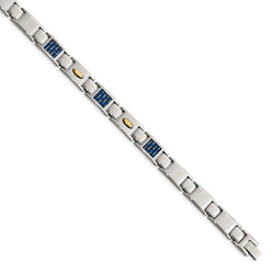 Men's Polished Stainless Steel Yellow IP with Blue Carbon Fiber Inlay Bracelet, 9.5"