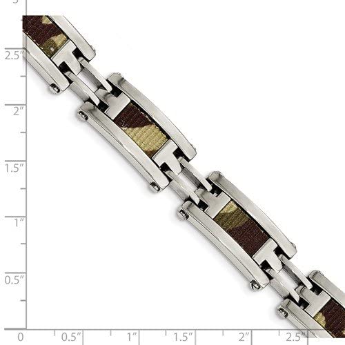 Men's Stainless Steel with Brown Camo Fabric Inlay Link Bracelet, 8.75 Inches