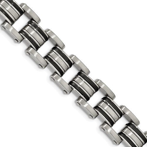 Men's Stainless Steel 15mm Black Rubber Bracelet, 8.25"