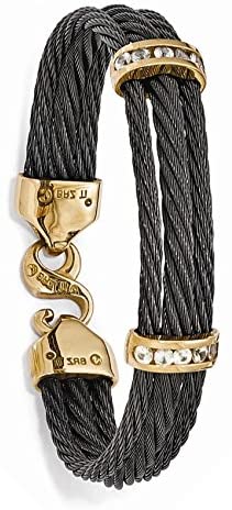 Triple Strand Black Titanium Memory Cable, Bronze 1.40 Ctw White Sapphire Flex Cable Bracelet, 7"