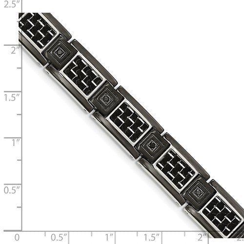 Men's Stainless Steel Black IP-Plated with Black Carbon Fiber Inlay and CZ Bracelet, 8.75"