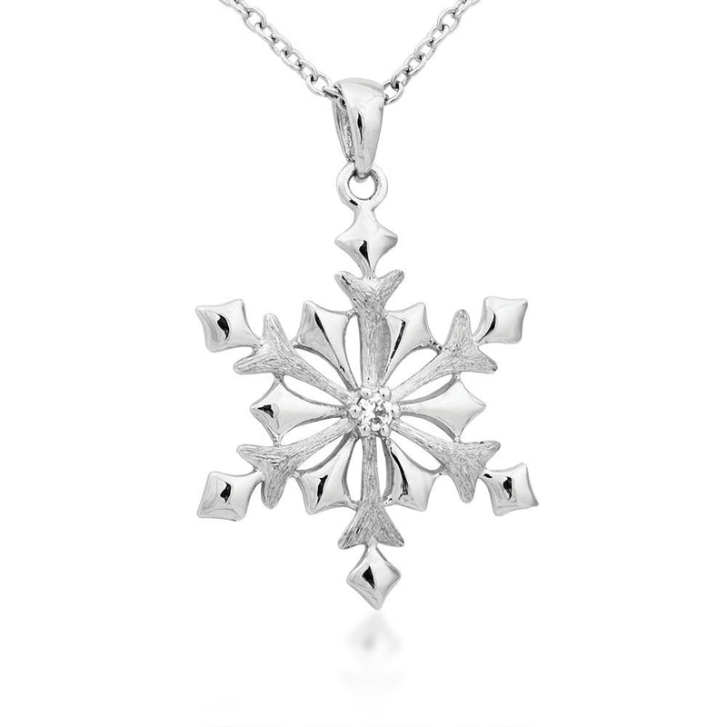 Diamond Snowflake Pendant Necklace, Rhodium Plated Sterling Silver, 18"