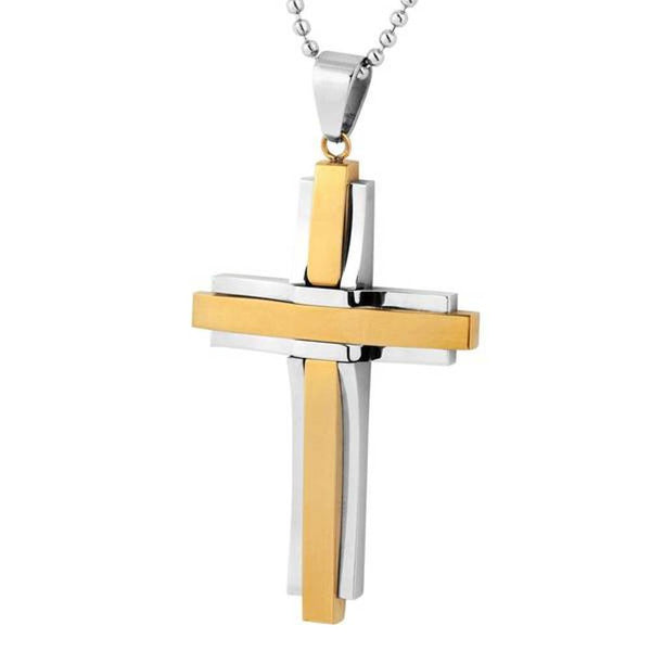 Men's Two-Tone Yellow-Plated Cross Pendant Necklace, Stainless Steel, 24"