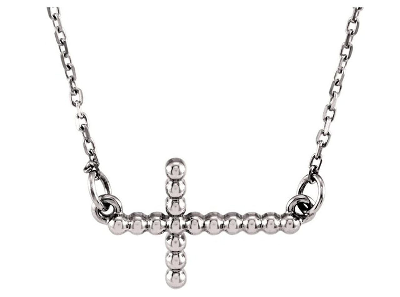 Sideways Beaded Cross Rhodium-Plated 14k White Gold Pendant Necklace, 16.5" (12.05X19.50 MM)