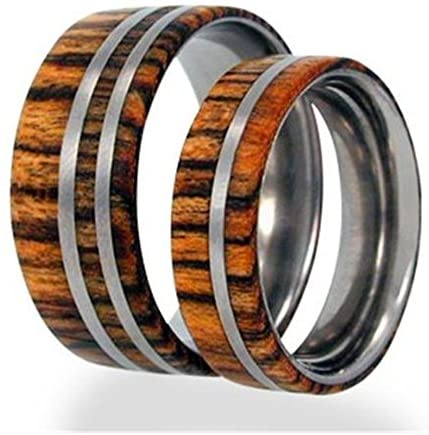 Amazon Rosewood, Titanium Pinstripes Ring, Couples Wedding Band Set, M15.5-F5.5