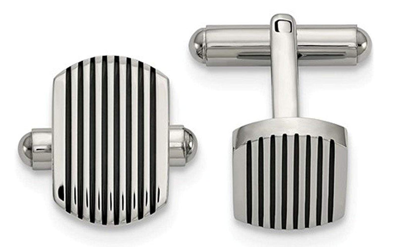 Stainless Steel Black IP-Plated Striped Cuff Links, 15.5MM