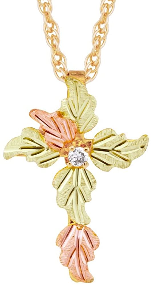 Ave 369 Cross with Diamond Pendant Necklace, 10k Yellow Gold, 12k Green and Rose Gold Black Hills Gold Motif, 18" (.03 Ct)
