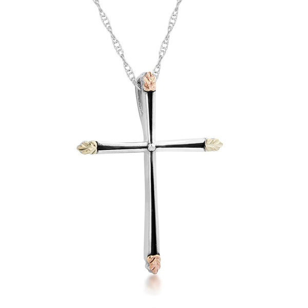 Antiqued, Petite Cross Pendant Necklace, Sterling Silver, 12k Green and Rose Gold Black Hills Gold Motif, 18"