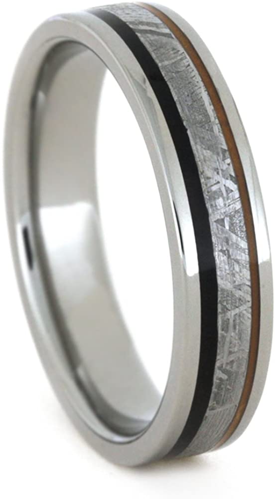 Gibeon Meteorite, African Blackwood, Orange Stripe 5mm Comfort-Fit Titanium Band, Size 8.75