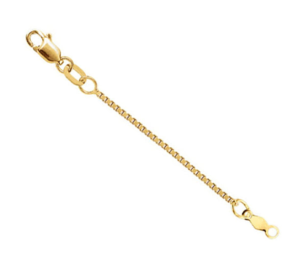 14k Yellow Gold 1mm Solid Box Chain, Extender Safety Chain, 1.50"