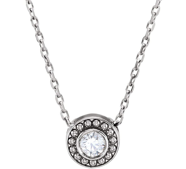 Diamond Solitaire Granulated Bead Design Slide Rhodium Plate 14k White Gold Pendant Necklace, 16" (.10 Cttw)