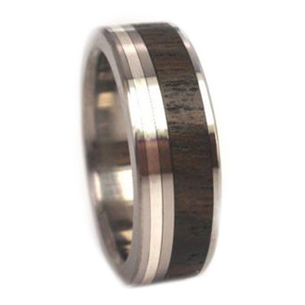 Ziricote Wood, 14K White Gold 7mm Comfort Fit Titanium Wedding Band, Size 10