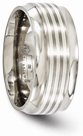 Edward Mirell Titanium with Sterling Silver Inlay 9mm Beveled Edge Wedding Band, Size 10.5
