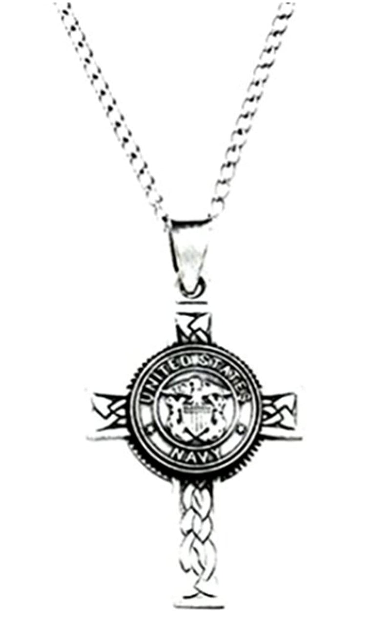 US Navy Halo Cross Sterling Silver Pendant Necklace, 24