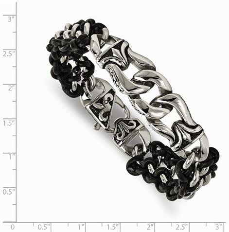 Men's Black Leather Brushed Stainless Steel Bracelet, 8.5 Inches