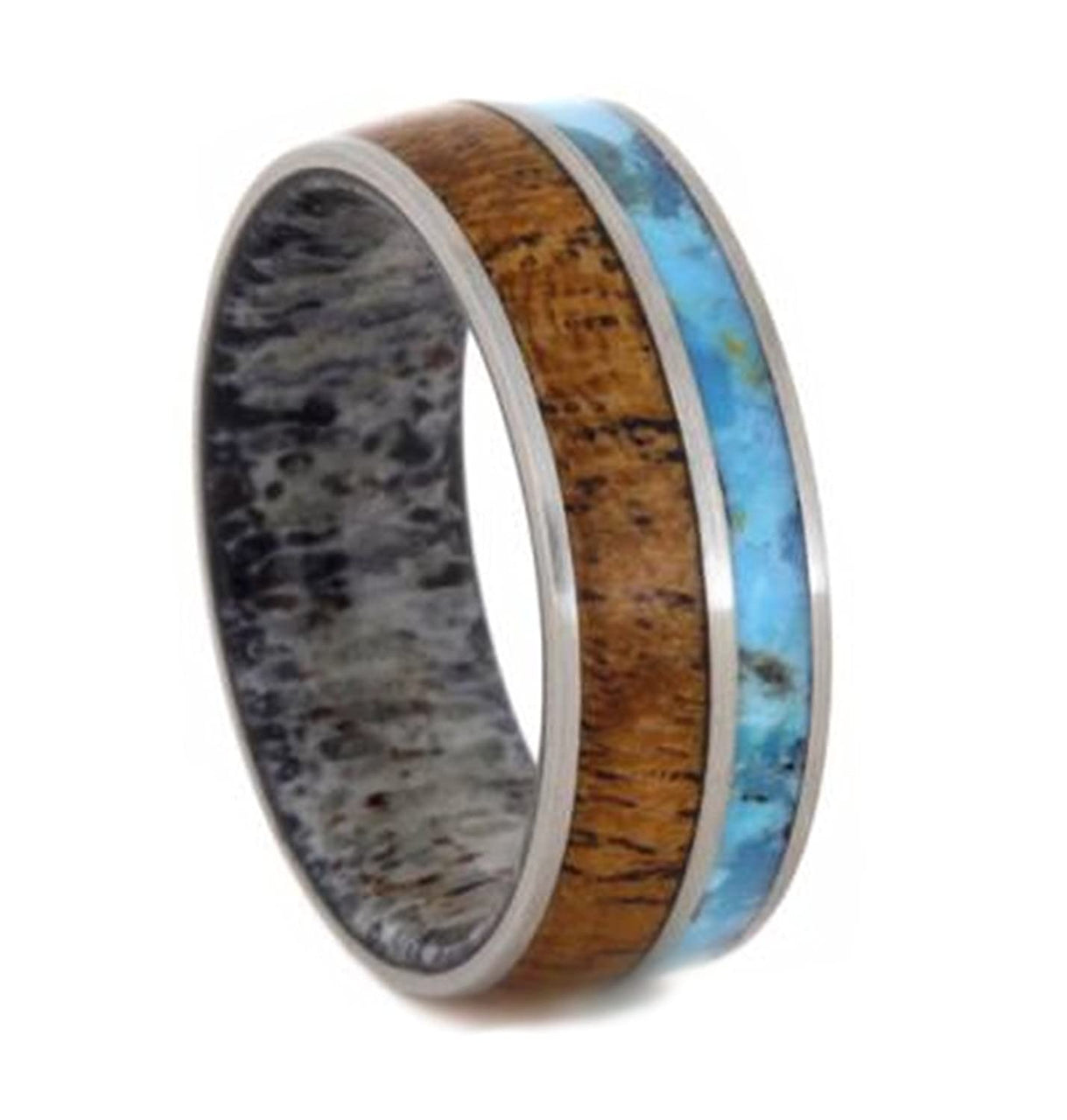 Turquoise, Mesquite Wood, Deer Antler Sleeve 7mm Comfort-Fit Brushed Titanium Wedding Band