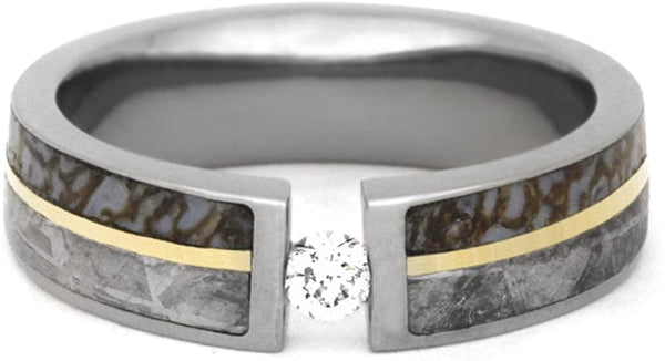 Tension Set Diamond, Gibeon Meteorite, Dinosaur Bone, 14k Yellow Gold 8mm Comfort-Fit Titanium Band, Size 5.5