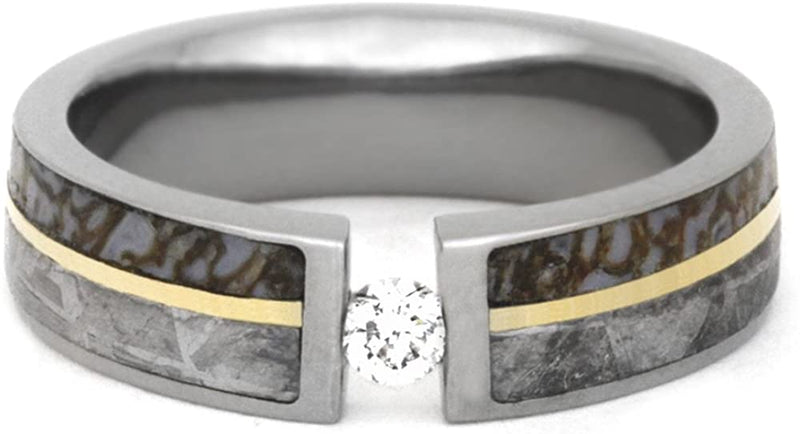 Tension Set Diamond, Gibeon Meteorite, Dinosaur Bone, 14k Yellow Gold 8mm Comfort-Fit Titanium Band, Size 5.5