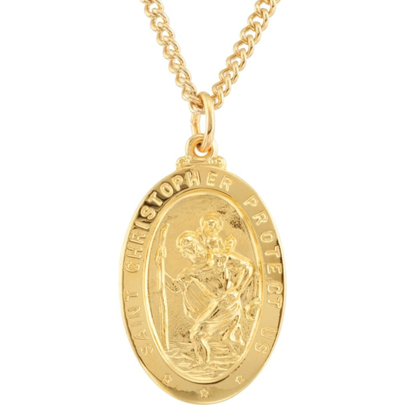 Sterling Silver 24k Gold-Plated Oval St. Christopher Medal Necklace, 24" (28.77x17.74 MM)