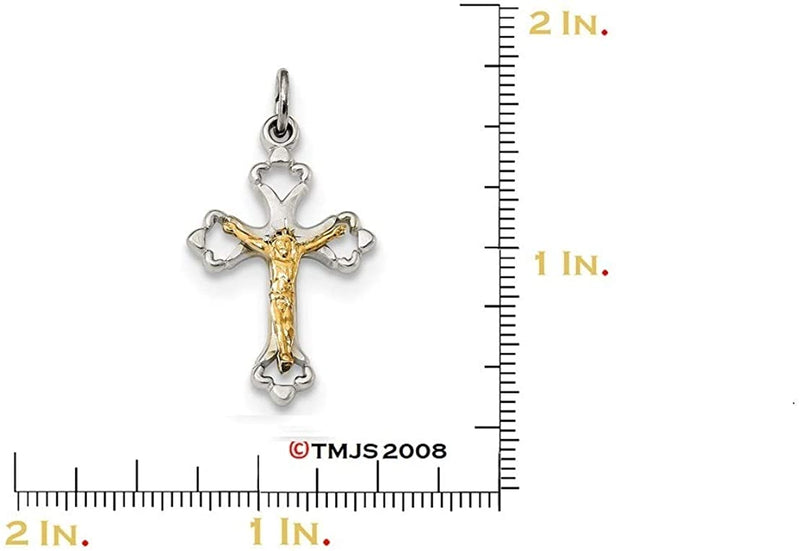 Gold-Plated Sterling Silver Diamond-Cut Fleur-de-lis Budded Crucifix Pendant, 1.10x.57 Inches (28X14.5 MM)