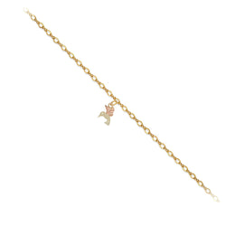 Black Hills Gold 10k Yellow Gold, 12k Green and Rose Gold Hummingbird Anklet, 10.5"